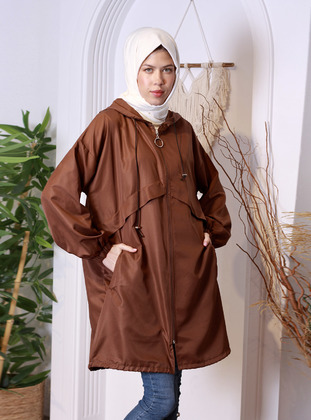 Hooded Zippered Raincoat Brown