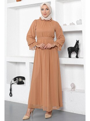 Camel Collar Ruffle Detailed Chiffon Modest Dress