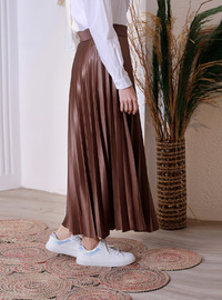 Pleated Leather Skirt Brown