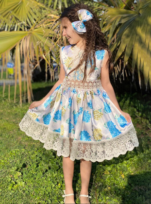 Digital Printed Girl'S Dress With Lace Detail - Green - Hc Kidswear