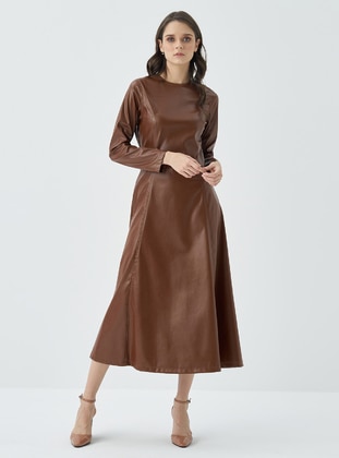 Seated Leather Modest Dress Brown