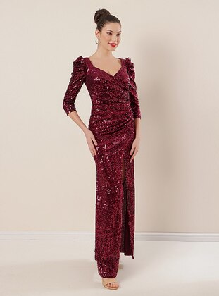 Fully Lined - Maroon - Double-Breasted - Evening Dresses - By Saygı