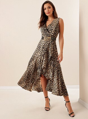 Fully Lined - Leopard - Black - Double-Breasted - Evening Dresses - By Saygı