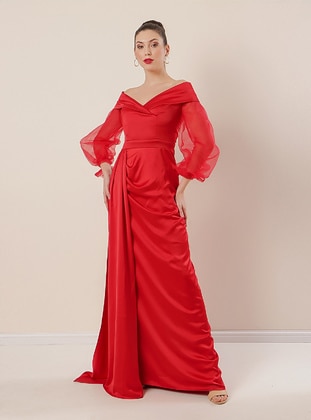 Unlined - Red - V neck Collar - Evening Dresses - By Saygı