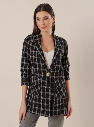 Double-Breasted Collar Single Button Flap Pocket Plaid Chanel Jacket Black