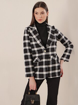 Double-Breasted Collar Single Button Big Check Chanel Jacket Black
