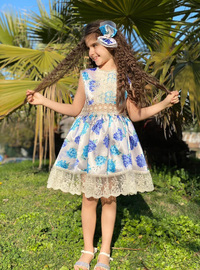 Digital Printed Girl'S Dress With Lace Detail - Blue - Hc Kidswear