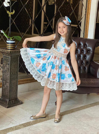 Digital Printed Girl'S Dress With Lace Detail - Mustard - Hc Kidswear