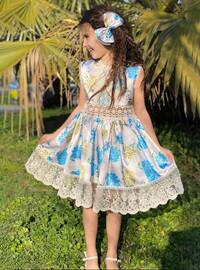 Digital Printed Girl'S Dress With Lace Detail - Green - Hc Kidswear