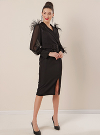 Feather Detail Double-Breasted Evening Dress Black