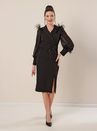 Feather Detail Double-Breasted Evening Dress Black