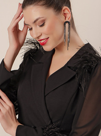 Feather Detail Double-Breasted Evening Dress Black
