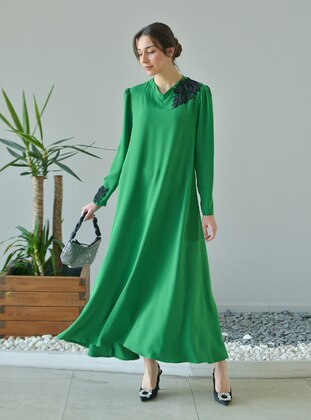 Green - Unlined - V neck Collar - Modest Evening Dress - Ayşen Özen