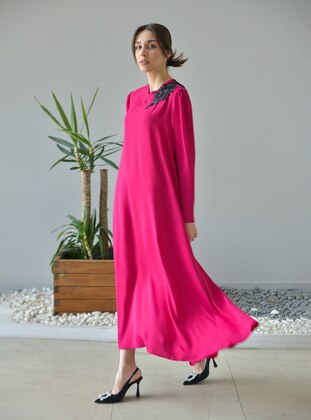 Fuchsia - Unlined - V neck Collar - Modest Evening Dress - Ayşen Özen