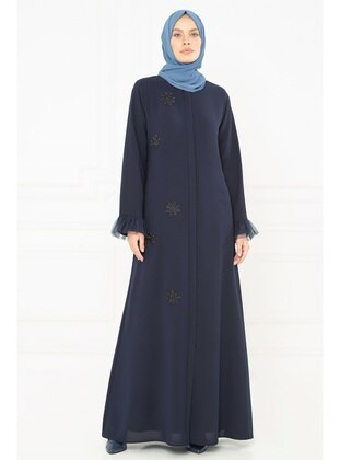 Tulle Detailed Stone Embroidered Navy Blue Abaya 3195
