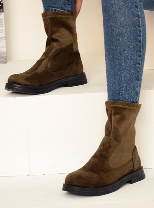Khaki - Boot - Faux Leather - Boots - Pembe Potin