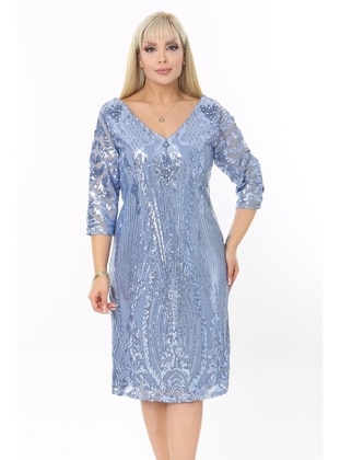 Blue - Modest Plus Size Evening Dress - Arıkan