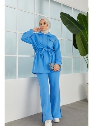 Dina Pat Detailed Three Thread Fleece Sports Suit Blue