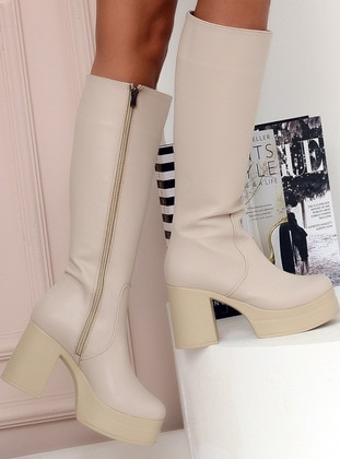 Beige - Boot - Faux Leather - Boots - Pembe Potin