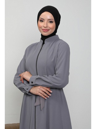 Renas Belt Detailed Double Pocket Hijab Abaya Gray