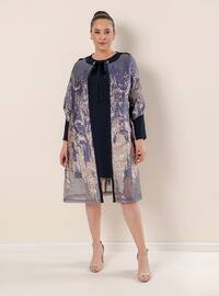 Patterned Plus Size Jacquard 2 Piece Hijab Evening Dresses Navy Blue