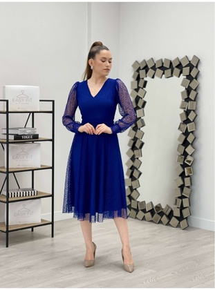 Lace Fabric V Neck Midi Dress Sax Blue