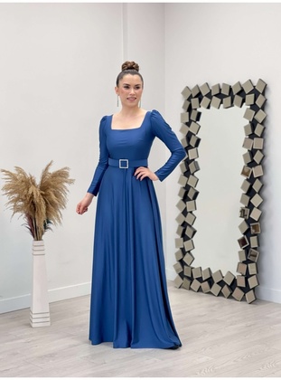 Imported Crepe Satin Fabric Square Neck Kiloş Dress Indıgo Blue