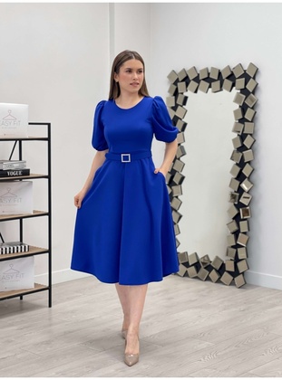 Crepe Fabric Belt Detailed Dress Sax Blue
