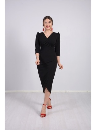Crepe Fabric Midi Length Dress Black