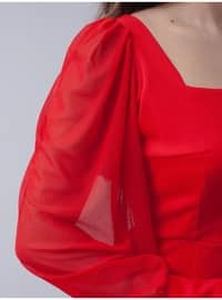 Crepe Fabric Square Neck Pencil Dress Red