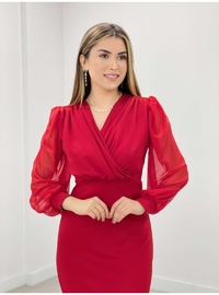 Crepe Fabric Sleeves Tulle Pencil Dress Red