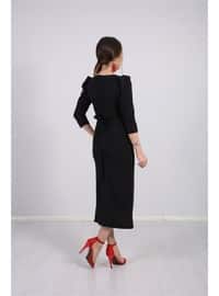 Crepe Fabric Midi Length Dress Black