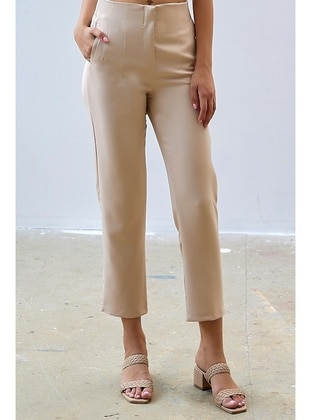 High Waist Double Fabric Trousers Beige