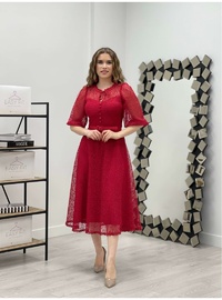 Full Lace Button Detailed Midi Dress Red