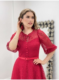 Full Lace Button Detailed Midi Dress Red