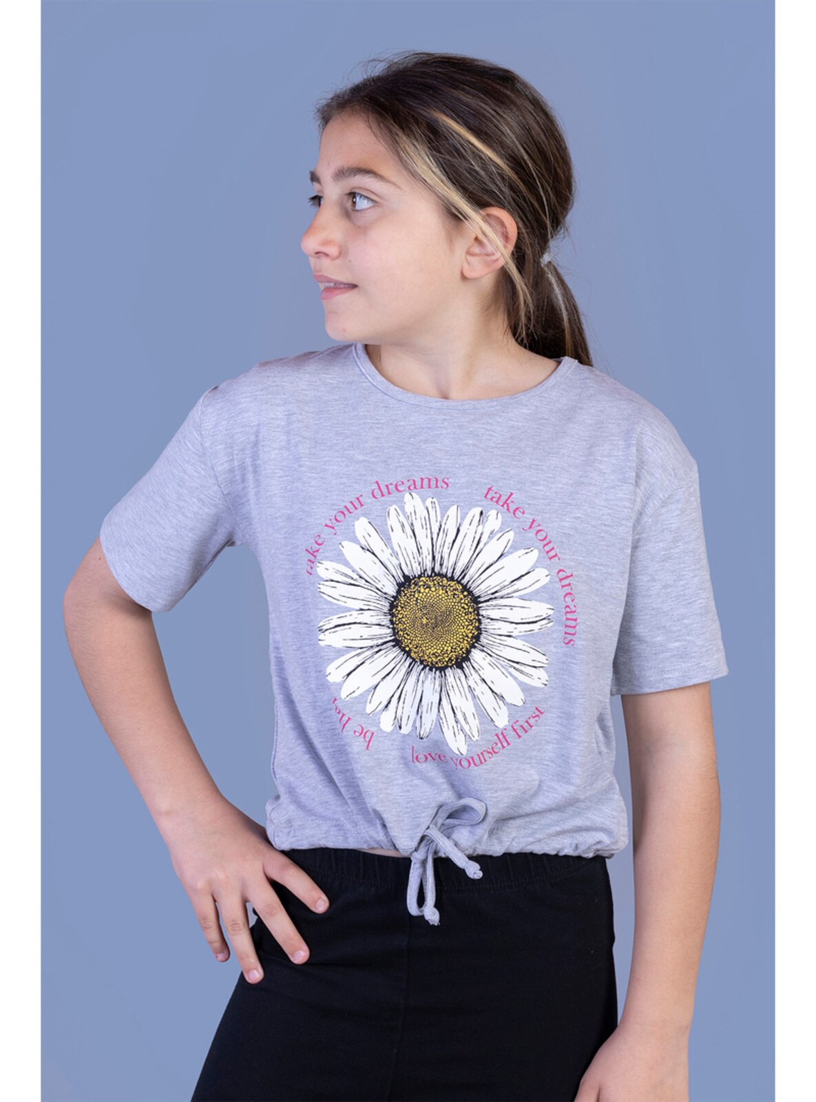 Printed - Crew neck - Unlined - Gray - Girls` T-Shirt