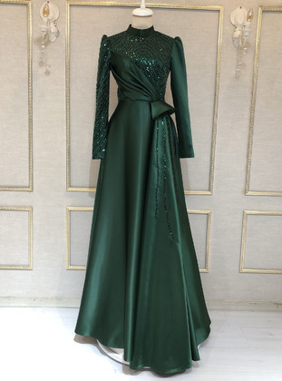 Green - Fully Lined -  - Modest Evening Dress - Burak Baran Fashion
