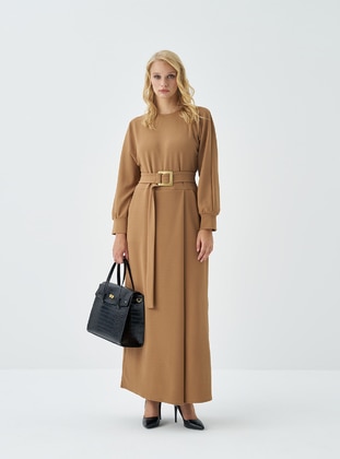 Belt Detailed Skirt Look Hijab Jumpsuit Camel