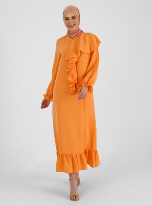 Orange - V neck Collar - Fully Lined - Modest Dress - Refka