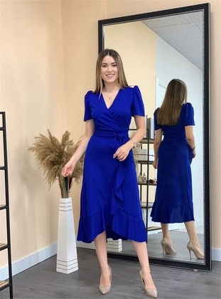 Crep Fabric Midi Dress Sax Blue