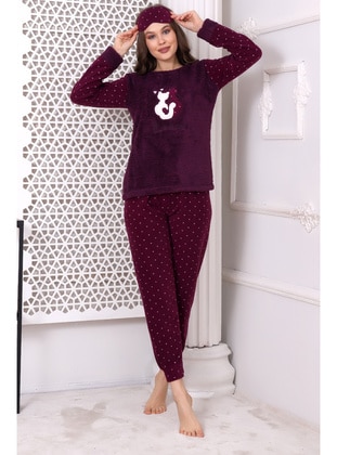 F3011 Plush Welsoft Fleece Women Home Cat Embroidered Pajama Set