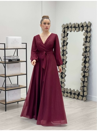Silvery Tulle Fabric Belt Detailed Kiloş Dress Bordo