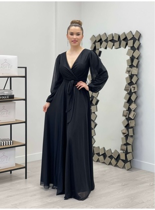 Silvery Tulle Fabric Belt Detailed Kiloş Dress Black