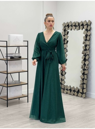 Silvery Tulle Fabric Belt Detailed Kiloş Dress Emerald Green