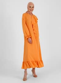 Orange - V neck Collar - Fully Lined - Modest Dress