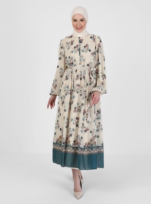 Beige - Petrol - Floral - Crew neck - Fully Lined - Modest Dress - Refka