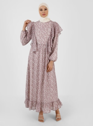 Dusty Pink - Multi - Crew neck - Fully Lined - Modest Dress - Refka