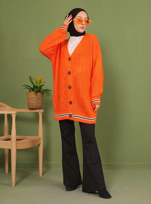 Orange - Stripe - Unlined - Knit Cardigan - Vav