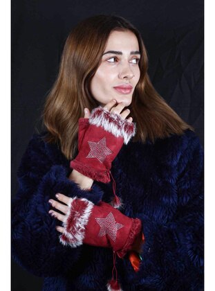 Women's Gloves Fingerless Design Star And Glitter Stone Model Adjustable Size Burgundy