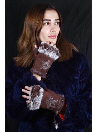 Women's Gloves Fingerless Design Star And Glitter Stone Model Adjustable Size Brown